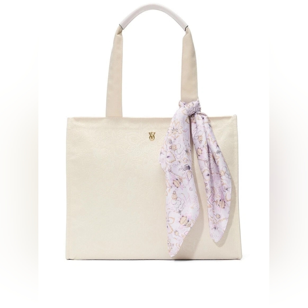 Victoria's Secret Beige Tote Bag Floral Embroidered W/Scarf Zipper Purse